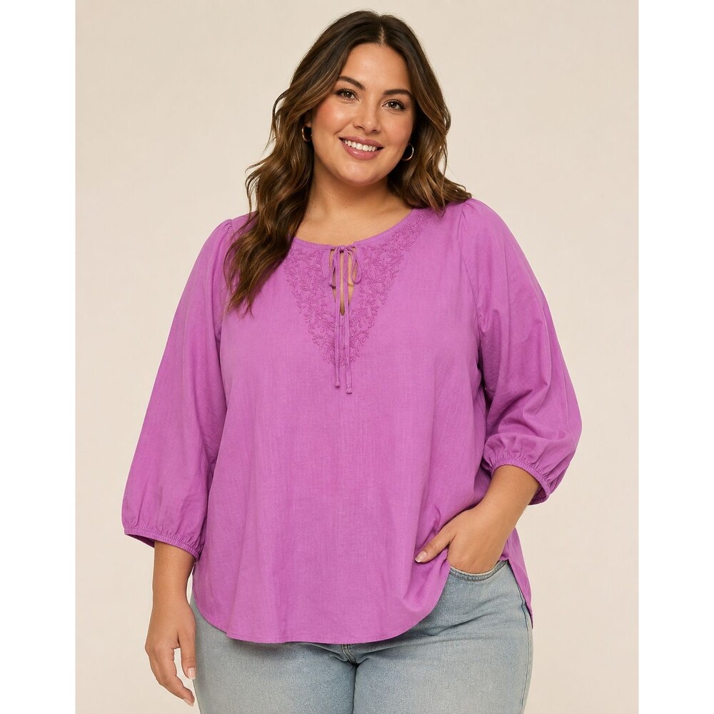 Eddie Bauer Linen Peasant Top Womens 2XL Pink Embroidered Blouse 3/4 Sleeve Boho